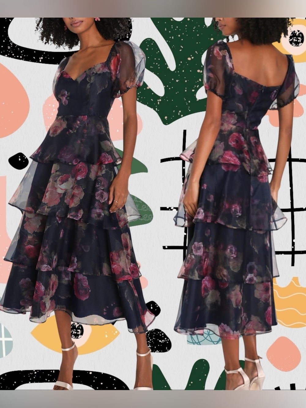 Lulus | Oh-So Stunning Navy Blue Floral Organza Puff Sleeve Tiered Midi Dress